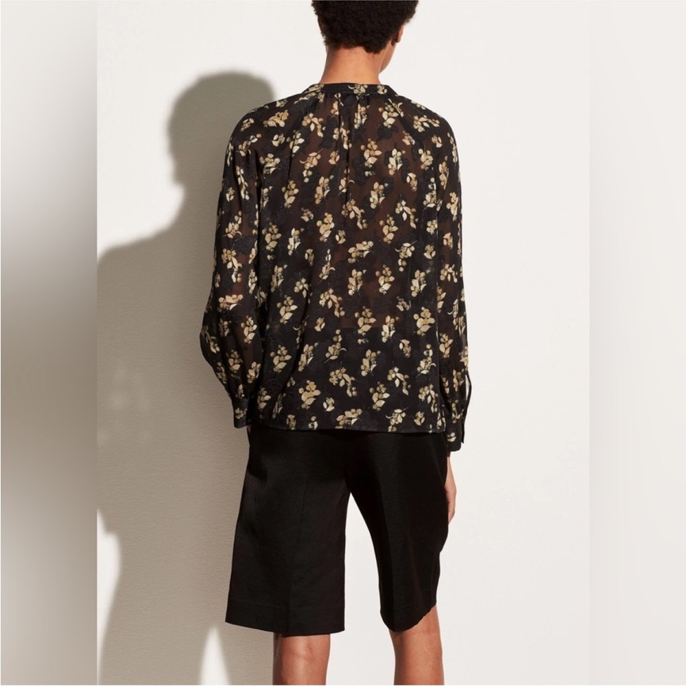 Vince Dandelion Poet Blouse Gathered Floral Print Silk Crepon Black Printed Top - Picture 6 of 13